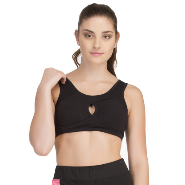 BLACK COTTON SPANDEX SPORTS BRA WITH BREATHABLE CUPS