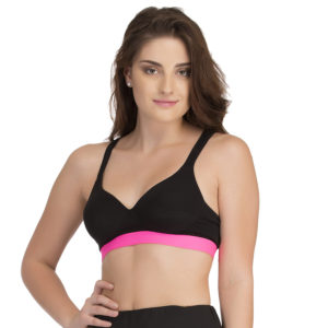 COTTON PADDED SPORTS BRA IN BLACK WITH PINK BROAD ELASTIC